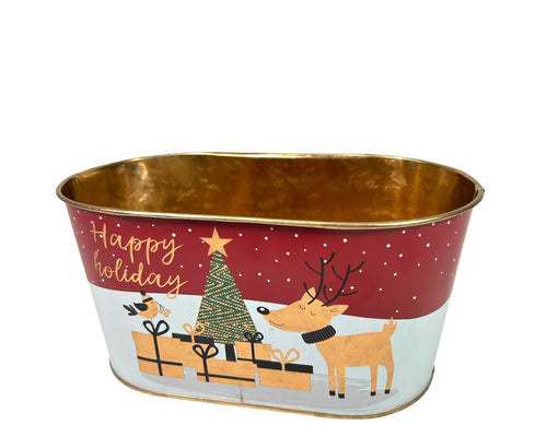 macetero metalico navidad  oval perro y arbol  20x9 cm