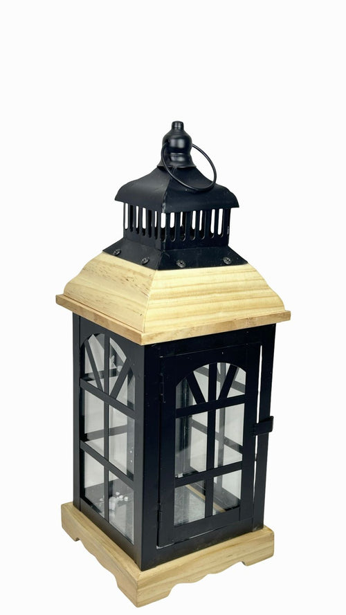 farol metalico black y wood con madera 3 tamaños