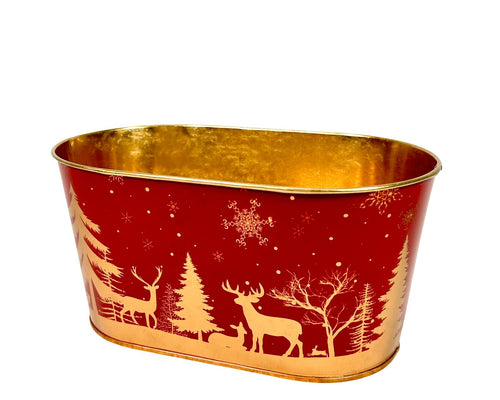 macetero metalico navidad  oval reno y arbol  20x9 cm