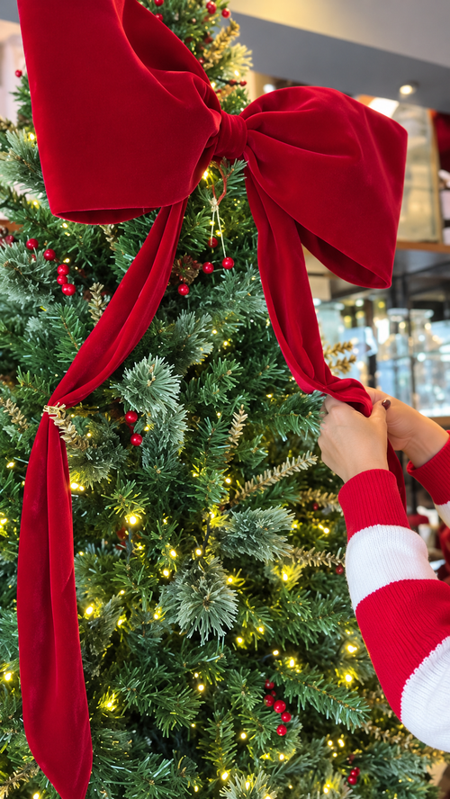 Moño rojo velvet en un árbol de Navidad, imagen retocada del video de IQG Decoración