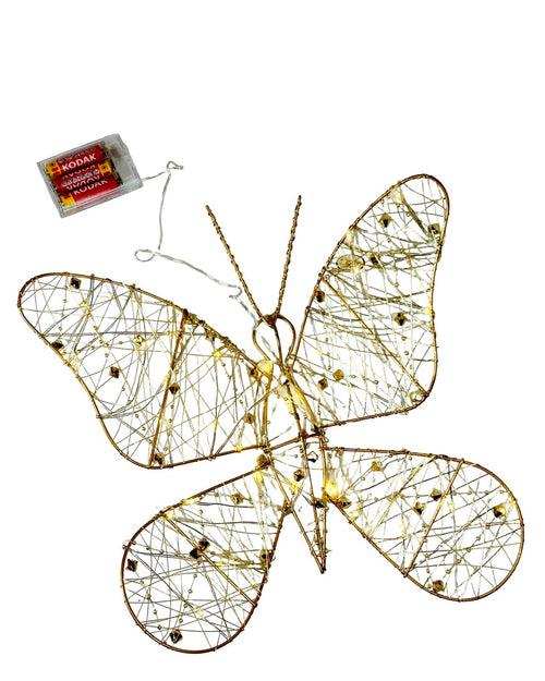 mariposa metalica hilos dorados con pila AA mide 40 cm de alto x30 cm de ancho