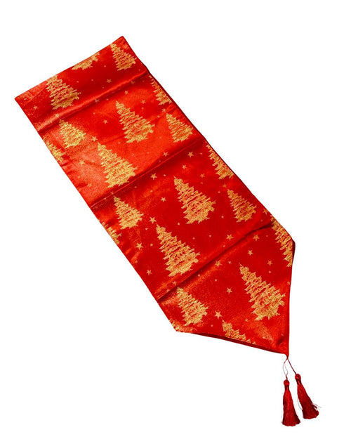 camino de mesa en satin arboles rojo -dorado 180x33 cm