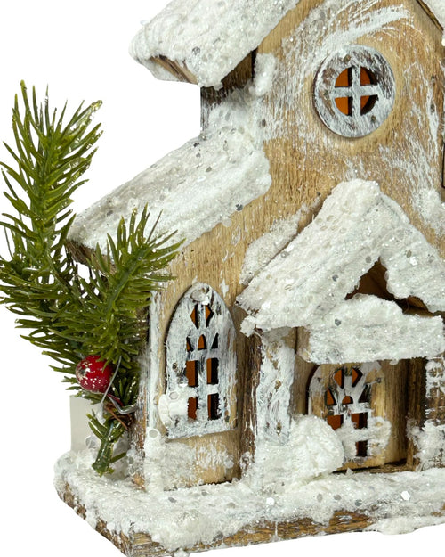 Casita nevada en madera forma de iglesia 17 de alto x 15 cm ancho