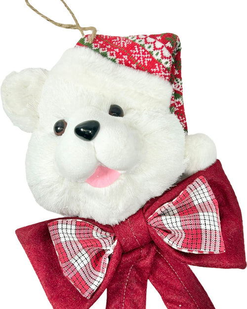 Cara de oso blanca de paja con moño rojo de 26 cm de ancho x 60cm de largo