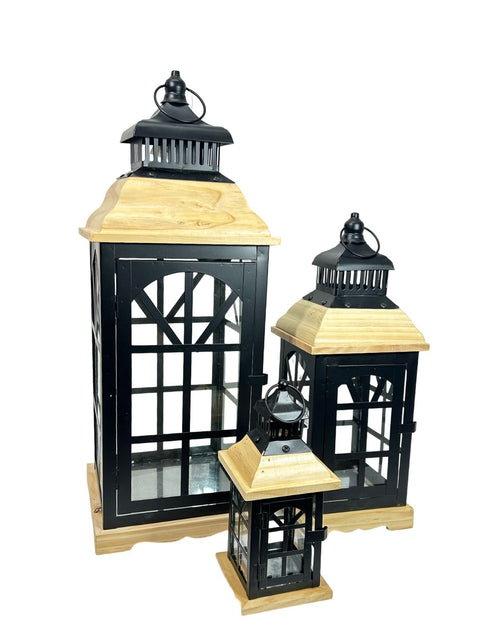 farol metalico black y wood con madera 3 tamaños