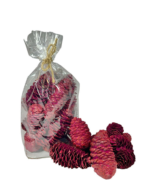 Paquete de piñas secas en color roja aproximadamente cada piña mide 5 largo x 3 ancho cm