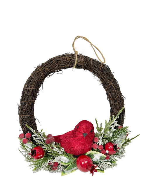 Corona decorativa  Gd en paja con pajaro rojo de 28 de diametro