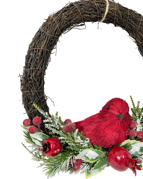 Corona decorativa  Gd en paja con pajaro rojo de 28 de diametro