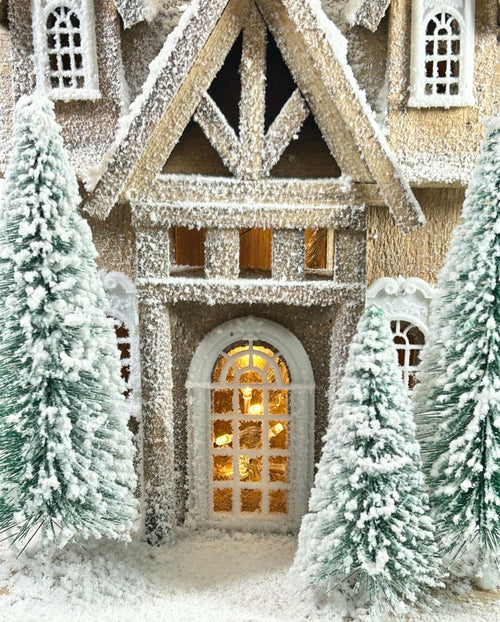 casita nevada madera con luces 40x30cm