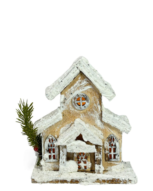 Casita nevada en madera forma de iglesia 17 de alto x 15 cm ancho