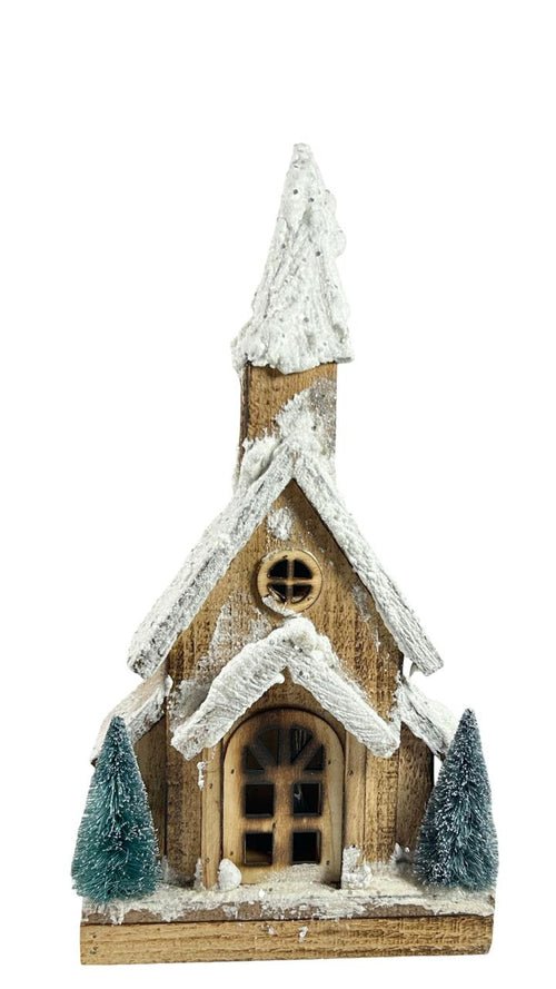 casa iglesia en madera y con luz de pila 37x20 cm