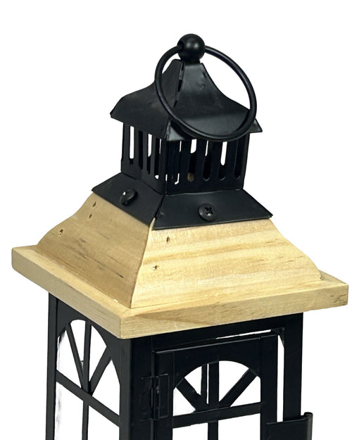 farol metalico black y wood con madera 3 tamaños