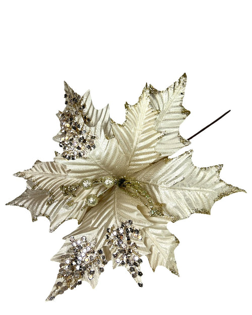 Ponsetia de navidad color beige con lentejuelas en las puntas de 35 diámetro