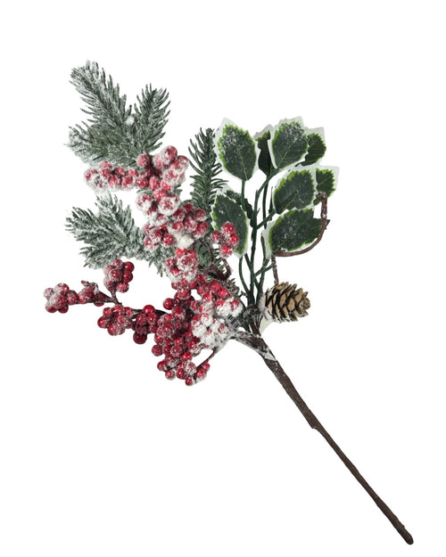Pin de navidad  berry y piña seca nevado de 36 cm de largo en icopor y latex