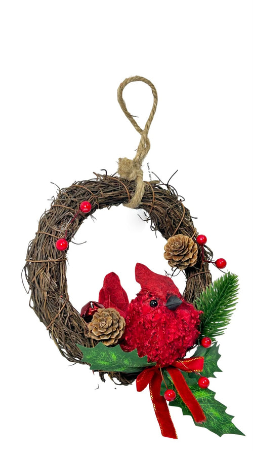 Corona decorativa md en paja con pajaro rojo de 19 de diametro