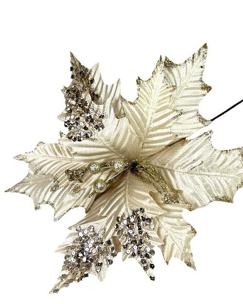 Ponsetia de navidad color beige con lentejuelas en las puntas de 35 diámetro