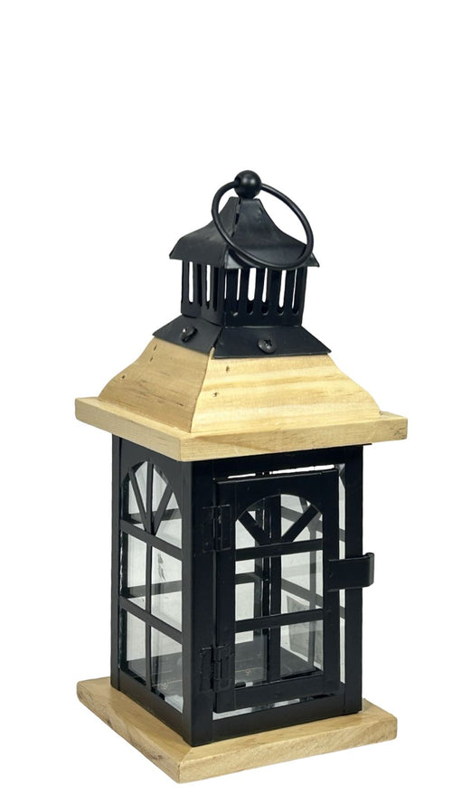 farol metalico black y wood con madera 3 tamaños