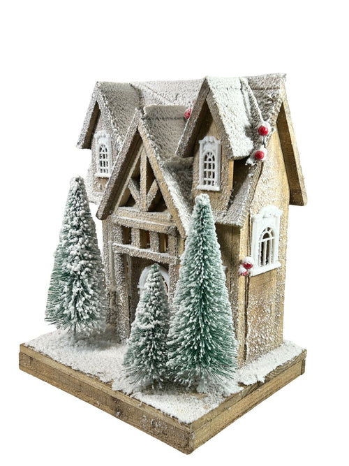 casita nevada madera con luces 40x30cm
