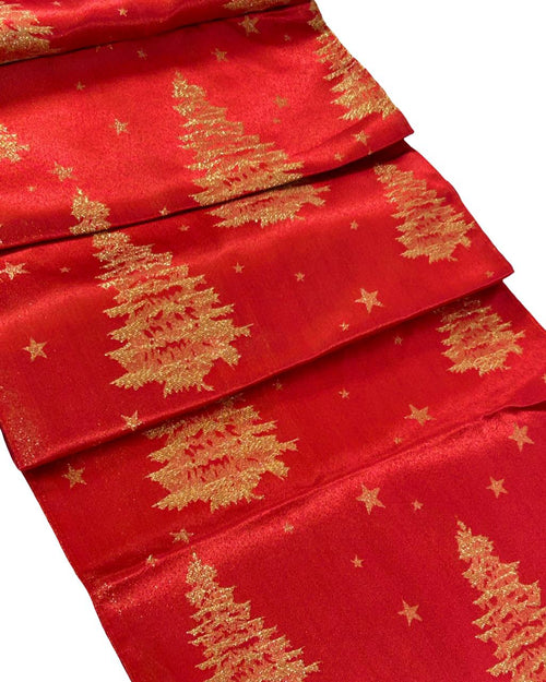 camino de mesa en satin arboles rojo -dorado 180x33 cm