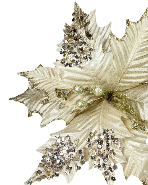 Ponsetia de navidad color beige con lentejuelas en las puntas de 35 diámetro