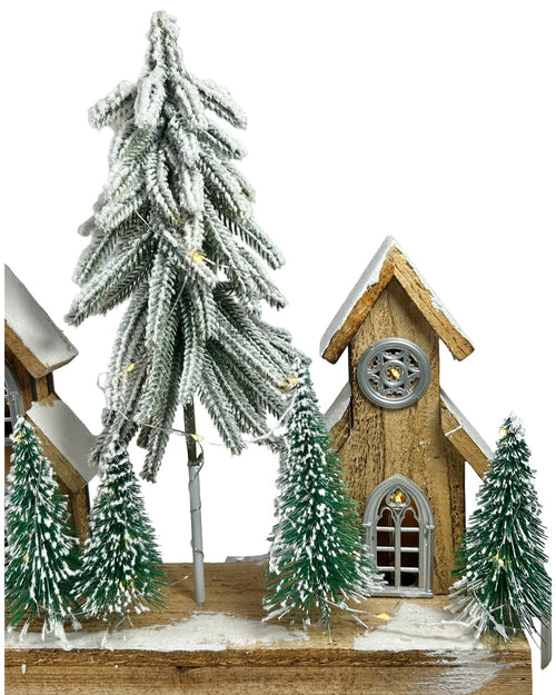 Villa de madera con arboles nevados y luz de pila 60 cm ancho x 30  cm de alto