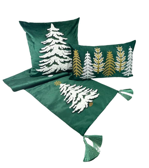 Camino de mesa verde velvet con arbolitos 180x35cm