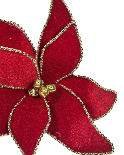 Ponsetia de navidad en gamuza roja con perlas doradas alrededor 28 de diámetro