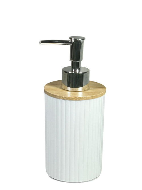dispensador de jabon blanco   y madera 17x9 cm