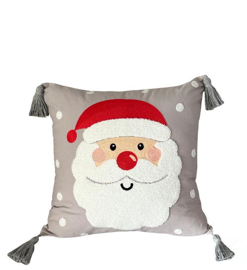 Cojin navideño cara santa  gris  pompones 45x45cm (no incluye el relleno )