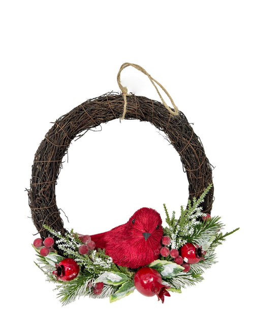 Corona decorativa  Gd en paja con pajaro rojo de 28 de diametro