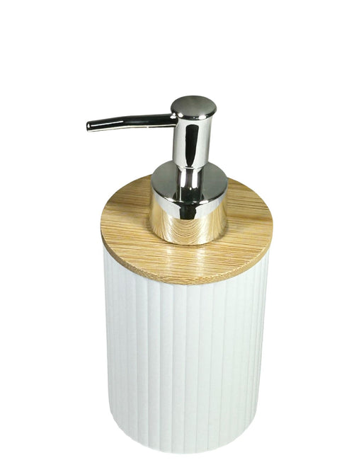 dispensador de jabon blanco   y madera 17x9 cm