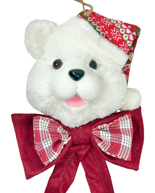 Cara de oso blanca de paja con moño rojo de 26 cm de ancho x 60cm de largo