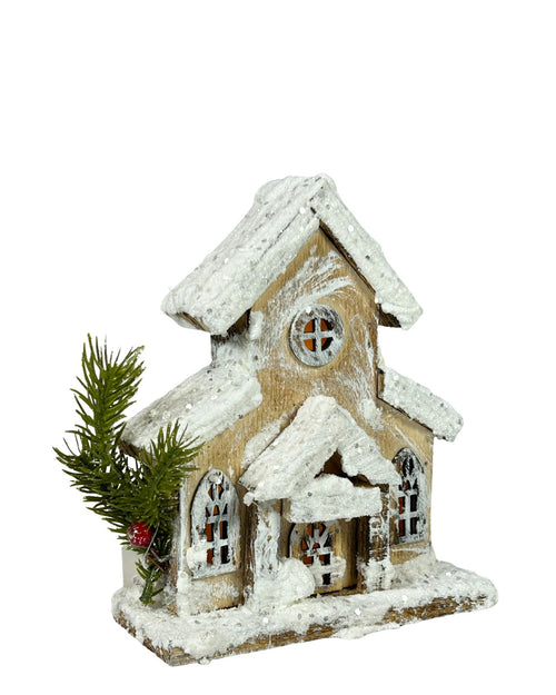 Casita nevada en madera forma de iglesia 17 de alto x 15 cm ancho