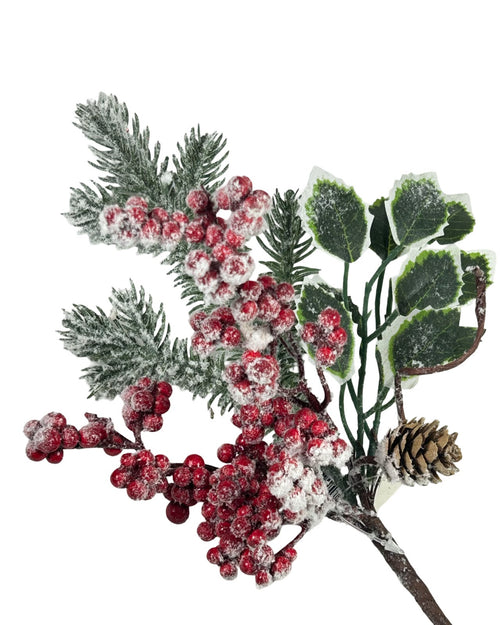Pin de navidad  berry y piña seca nevado de 36 cm de largo en icopor y latex