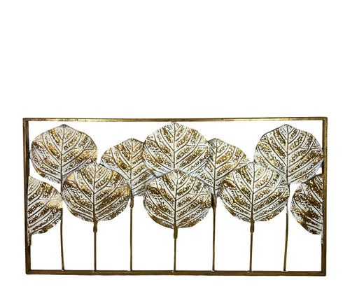 Placa hojas otoño arbol rectangular dorado blanco 108x56 cm