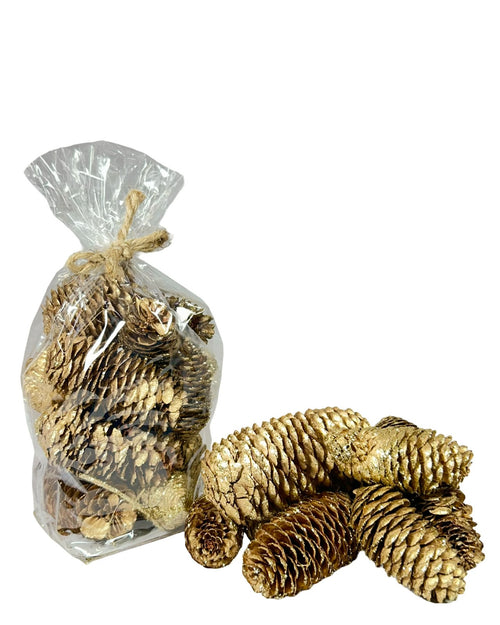 Paquete de piñas secas en color dorada aproximadamente cada piña mide 5 largo x 3 ancho cm