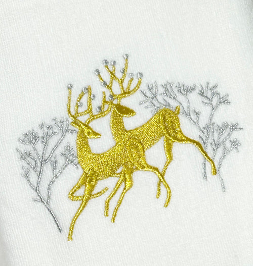 Toalla navideña blanca con reno amarillo mediana 1metro x 50 cm