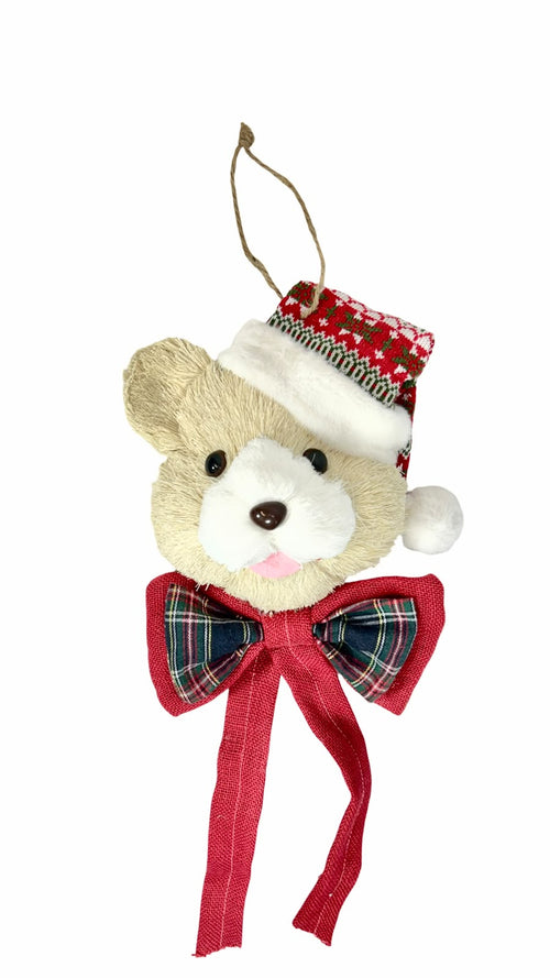 Cara de oso beige de paja con moño escoses de 26 cm de ancho x 60cm de largo