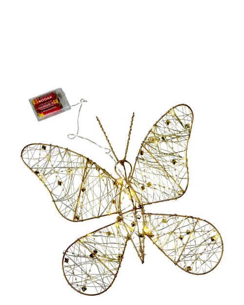 mariposa metalica hilos dorados con pila AA mide 35 cm de alto x30 cm de ancho