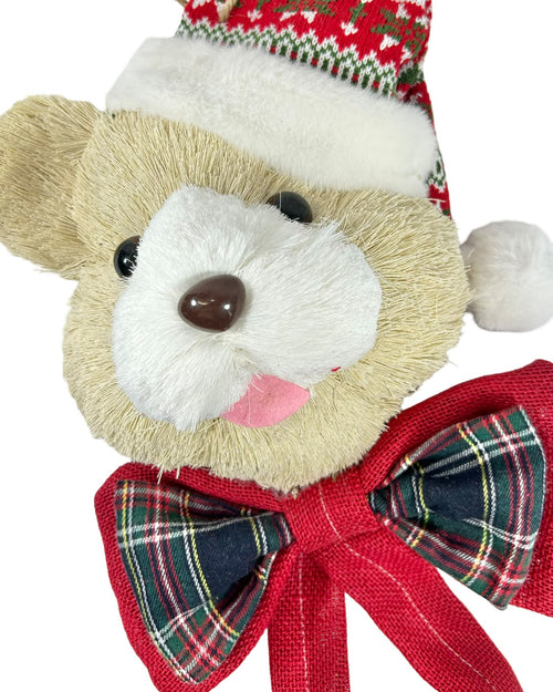 Cara de oso beige de paja con moño escoses de 26 cm de ancho x 60cm de largo