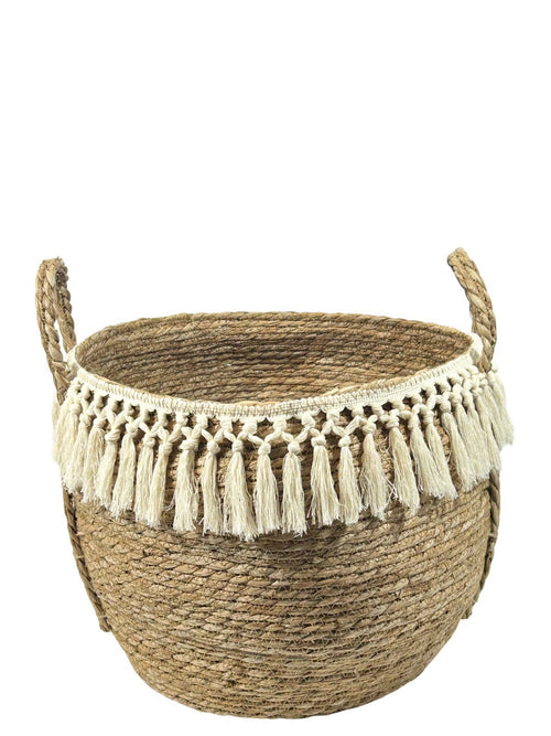 IQG Decoración - canasto grande  en ratan macrame beige 38x32