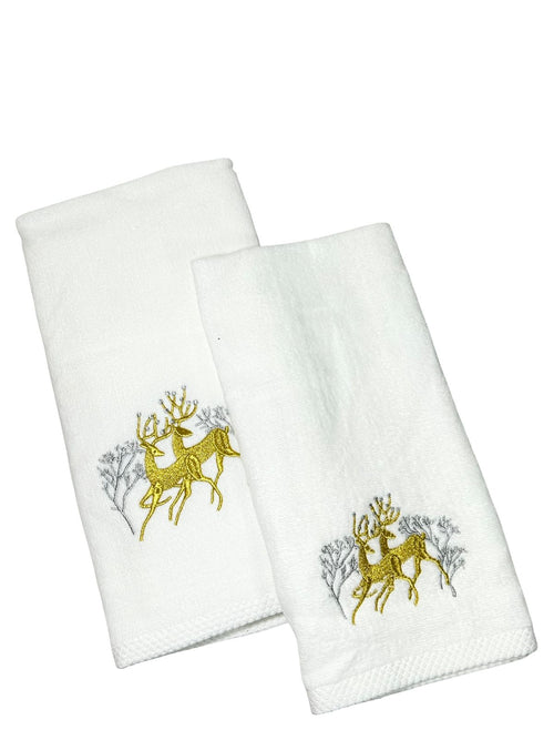 Toalla navideña blanca con reno amarillo mediana 1metro x 50 cm