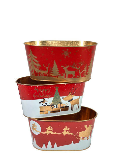 macetero metalico navidad  oval perro y arbol  20x9 cm