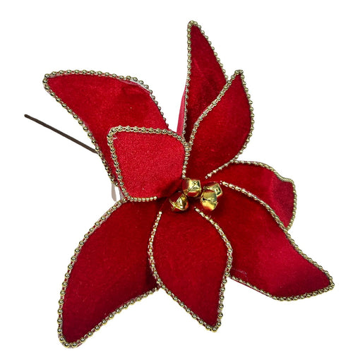 Ponsetia de navidad en gamuza roja con perlas doradas alrededor 28 de diámetro