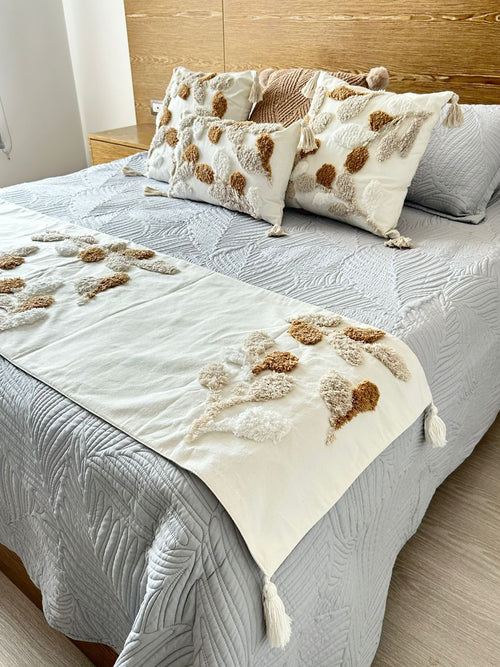 pie de cama hojitas beige y cafe 2 tamaños