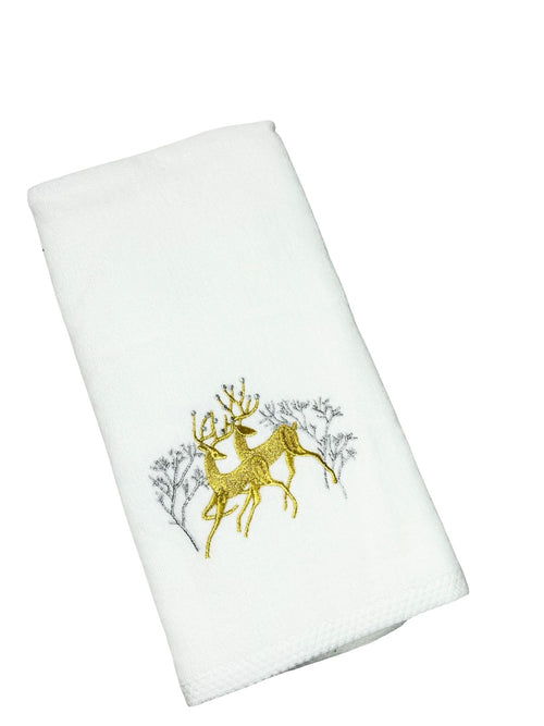 Toalla navideña blanca con reno amarillo mediana 1metro x 50 cm