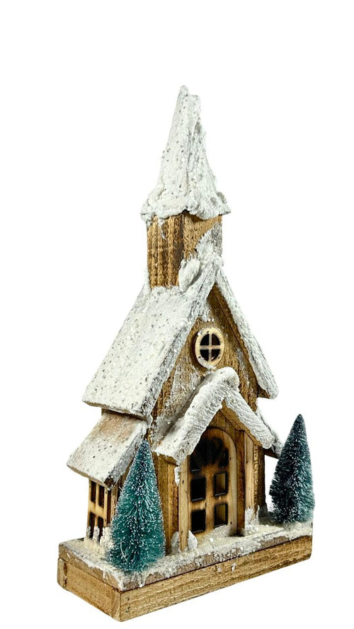 casa iglesia en madera y con luz de pila 37x20 cm