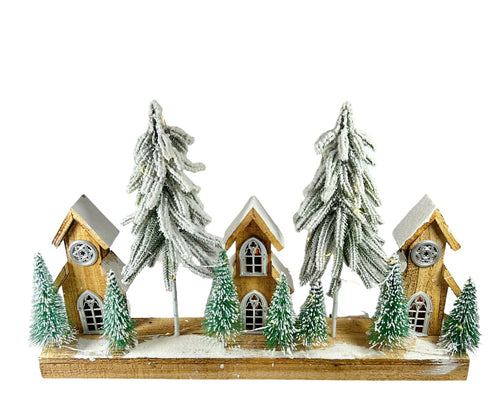 Villa de madera con arboles nevados y luz de pila 60 cm ancho x 30  cm de alto