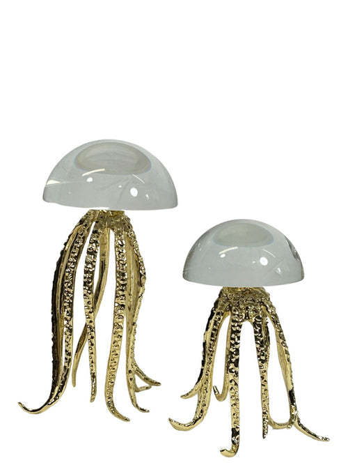 Escultura set medusa x2 unidades cristal metalico dorado 25 y 18 cm