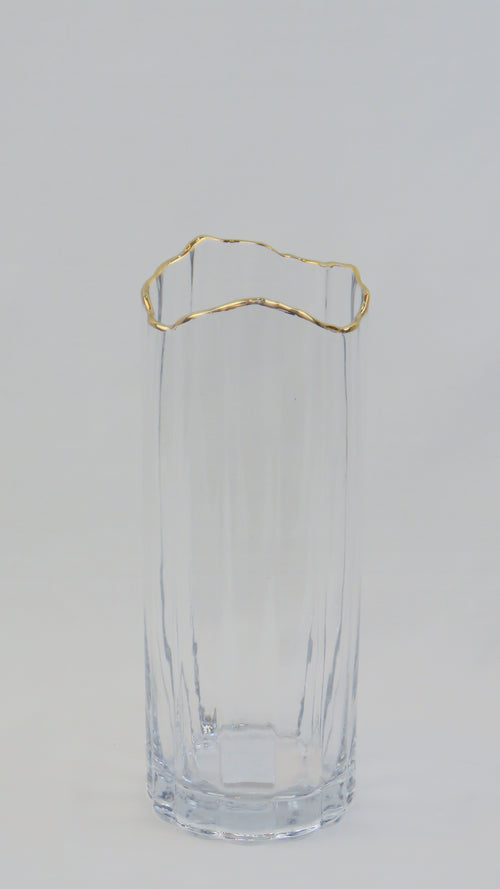 IQG Decoración - florero cristal alto transparente borde dorado 29*12cm